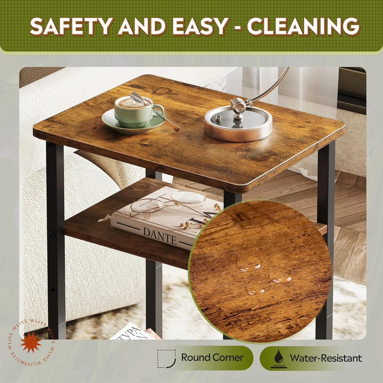 WLIVE End Table, 3-Tier Small Side Tables Living Room, Bedroom, Home Office, Narrow Side Table for Small Spaces, Rustic Brown