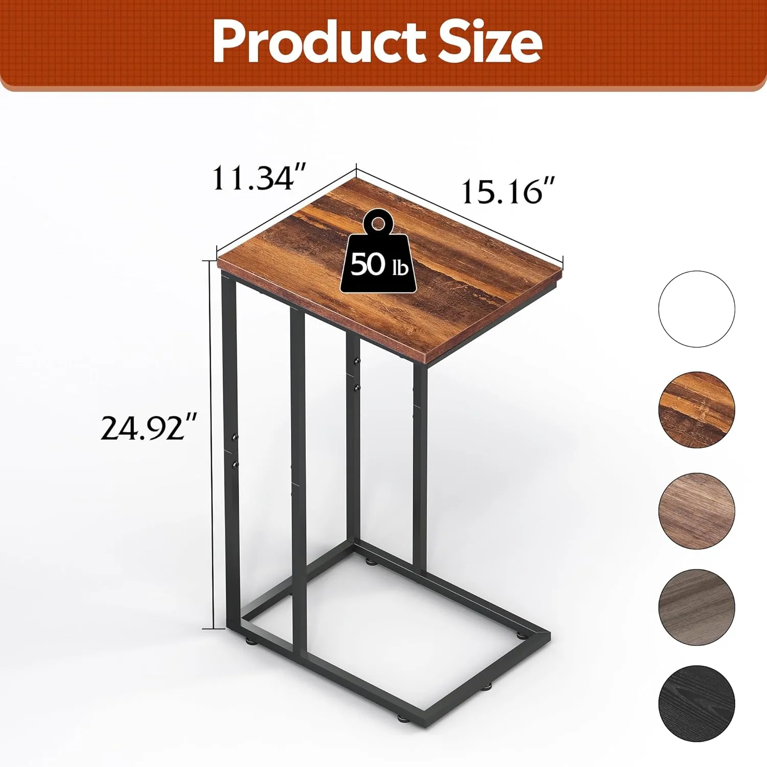WLIVE Side Table, C Shaped End Table for Couch, Sofa and Bed, Large Desktop C Table for Living Room, Bedroom, Retro Brown and Black