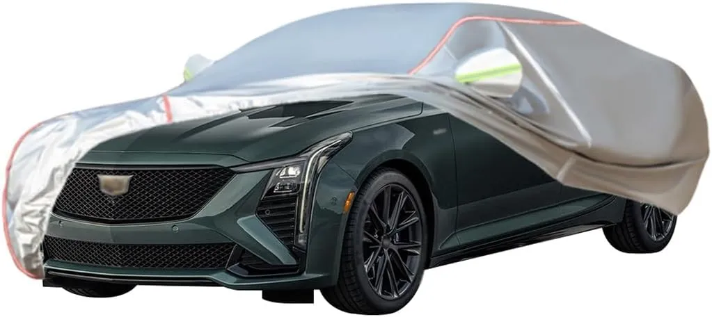 WOLWES Car Cover are Suitable for Cadillac CT5 All-Weather Windproof, Snowproof, Rainproof, UV-Protected and Breathable All-Season Universal with Side Door Zip Oxford Cloth Car Cover (Color : White)