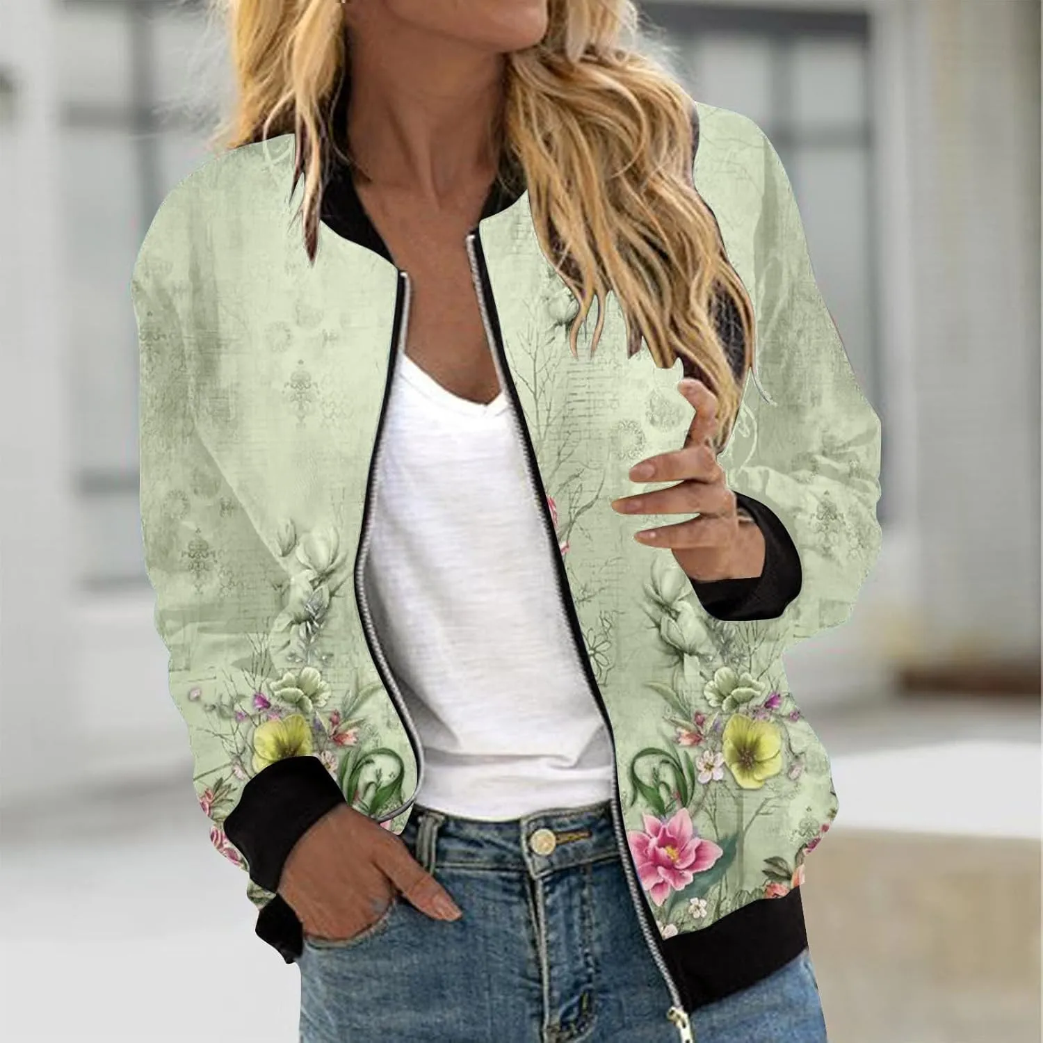 Women Fall Trendy Bomber Jacket Stand Collar Zip Up Windproof Floral Outerwears Long Sleeve Loose Casual Y2K Outwears