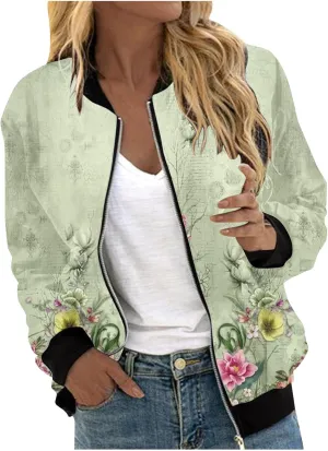 Women Fall Trendy Bomber Jacket Stand Collar Zip Up Windproof Floral Outerwears Long Sleeve Loose Casual Y2K Outwears