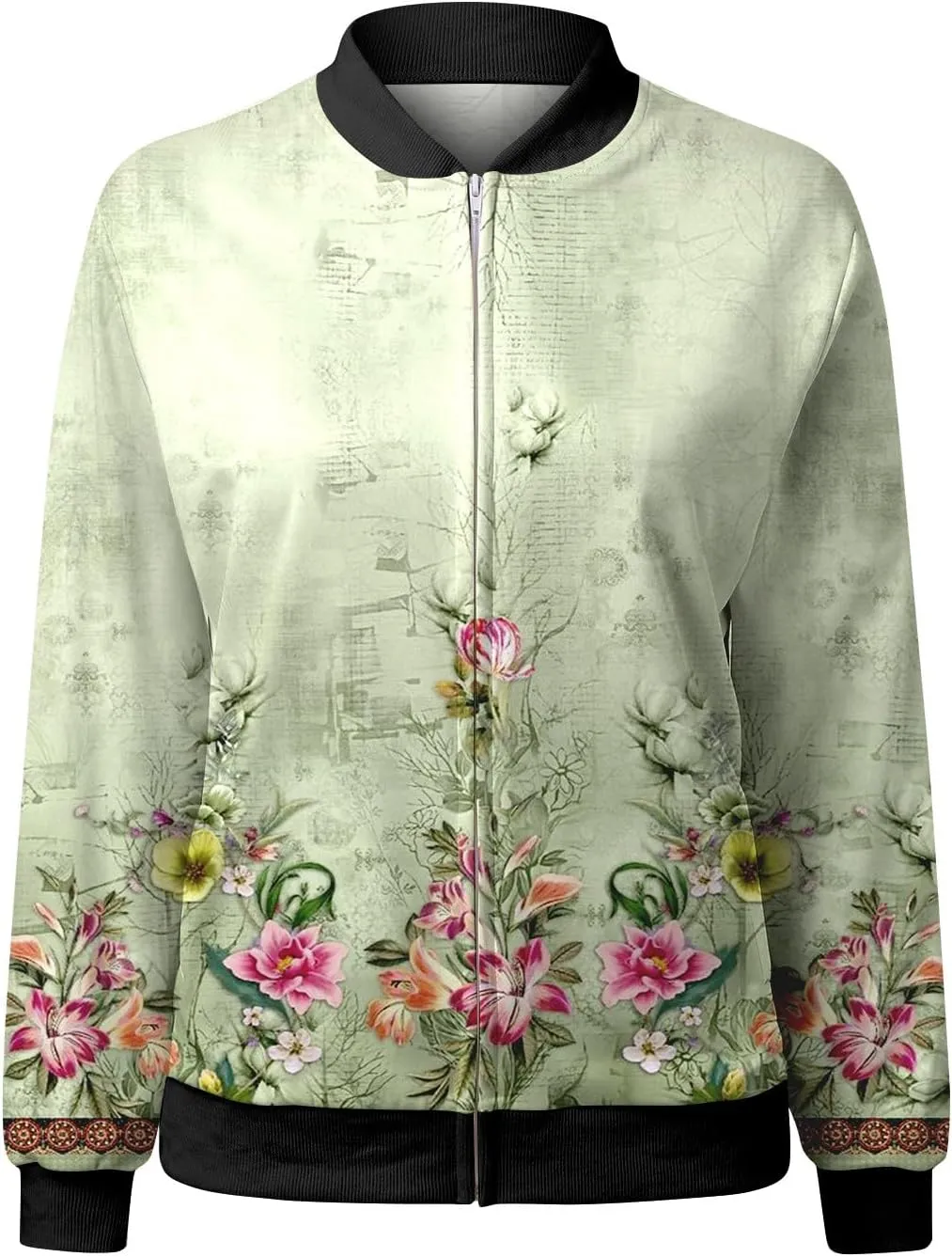 Women Fall Trendy Bomber Jacket Stand Collar Zip Up Windproof Floral Outerwears Long Sleeve Loose Casual Y2K Outwears
