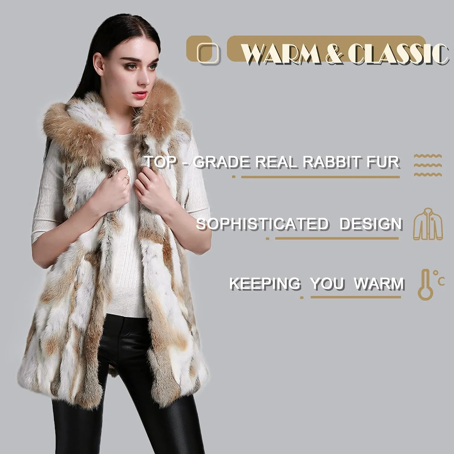 Women's Genuine Rabbit Fur Coat with Raccoon Fur Trim Hood Winter Jacket