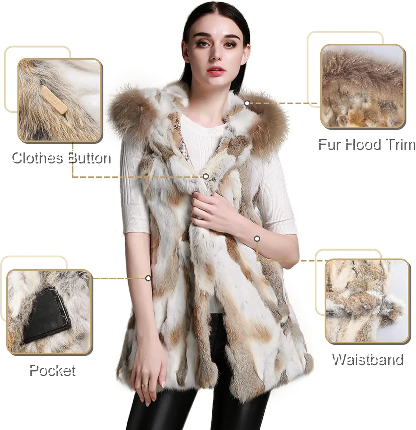 Women's Genuine Rabbit Fur Coat with Raccoon Fur Trim Hood Winter Jacket
