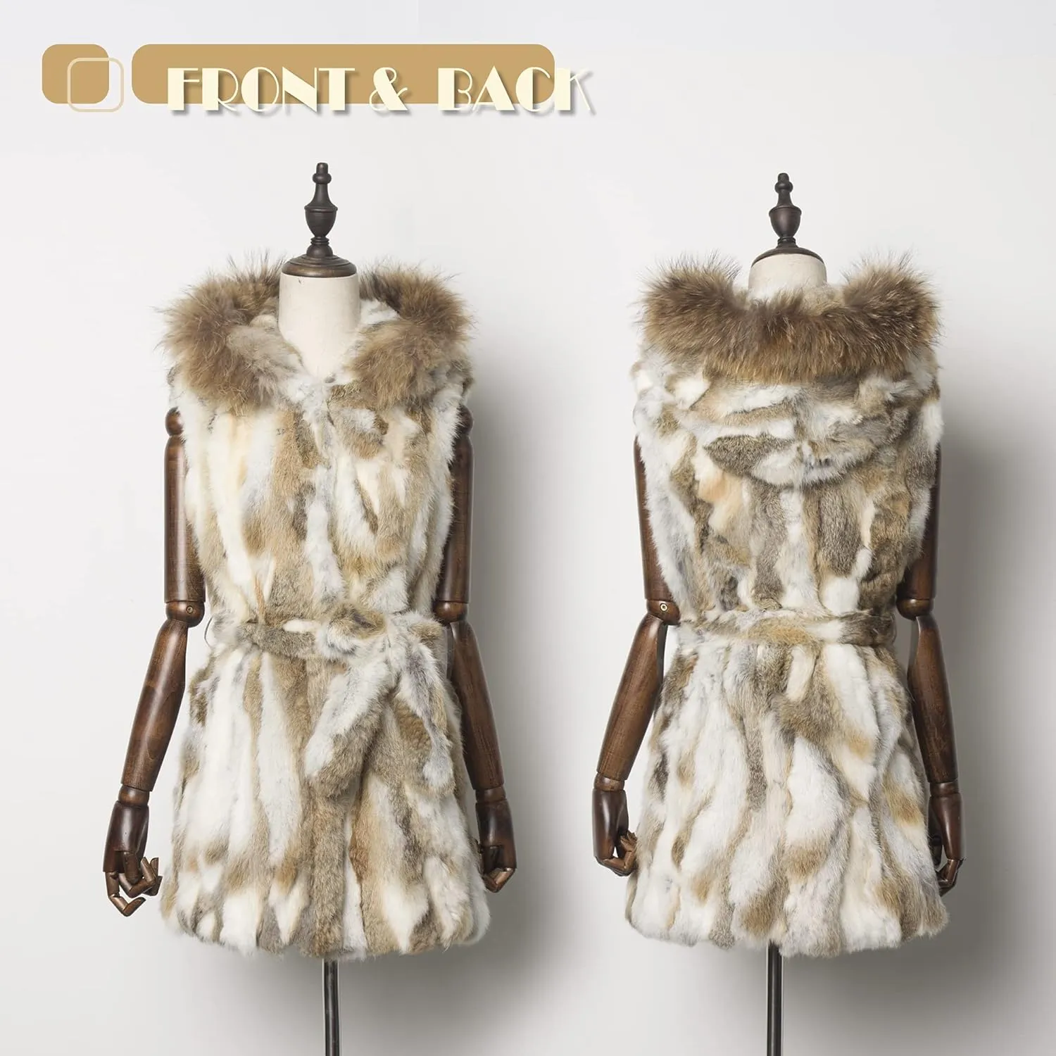 Women's Genuine Rabbit Fur Coat with Raccoon Fur Trim Hood Winter Jacket