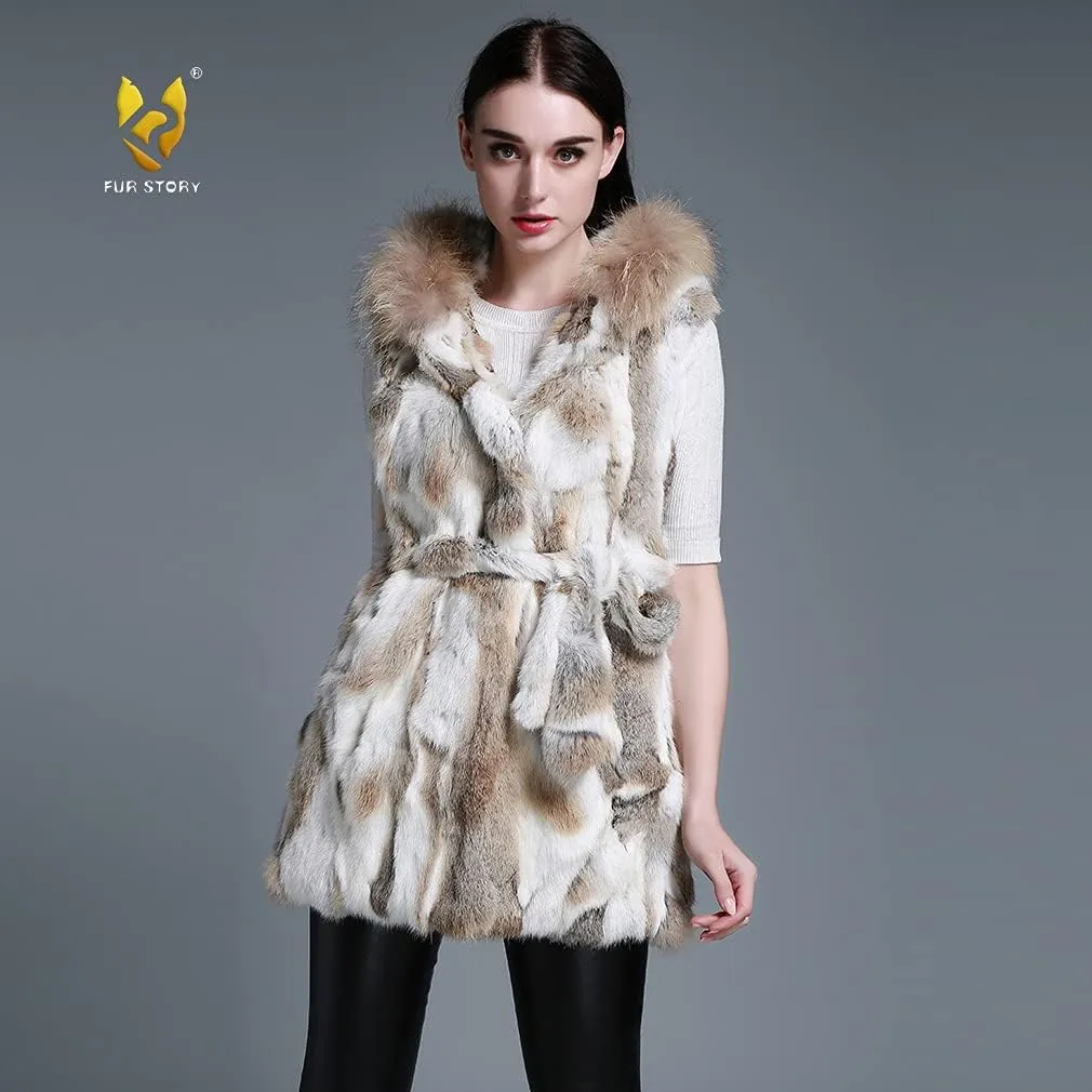 Women's Genuine Rabbit Fur Coat with Raccoon Fur Trim Hood Winter Jacket