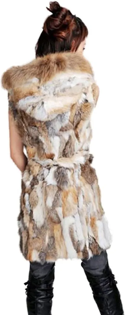 Women's Genuine Rabbit Fur Coat with Raccoon Fur Trim Hood Winter Jacket