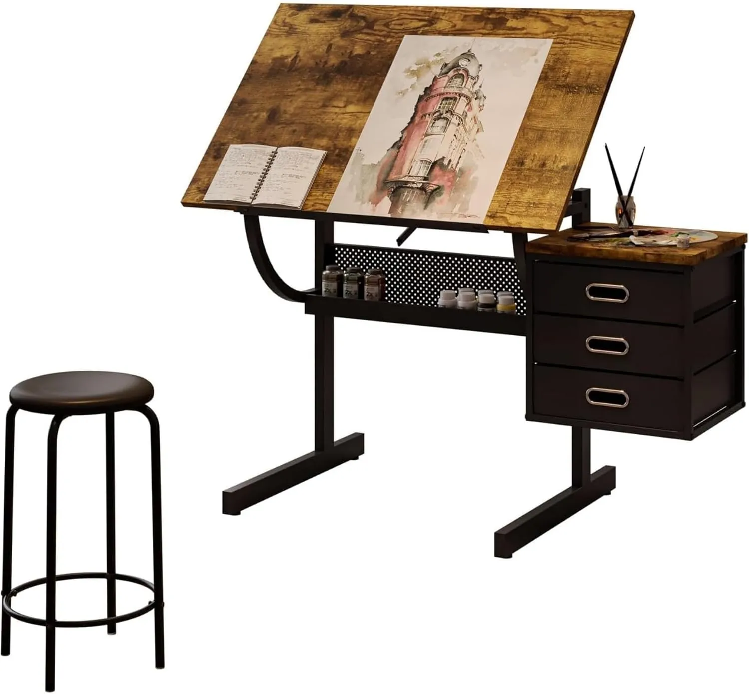 Wood Drafting Table and Stool Set, Drawing Table Artist Desk with 3 Storage Drawers for Home Office and School (Rustic Brown-01)
