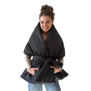 Wrap Cape Black Long Lagre Wide Scarf Puffer 18x70 inch with 2 pocket and Belt. Cape around shoulders wrap. Winter quilted shawl. Warm padded scarf. Down puffy scarves.