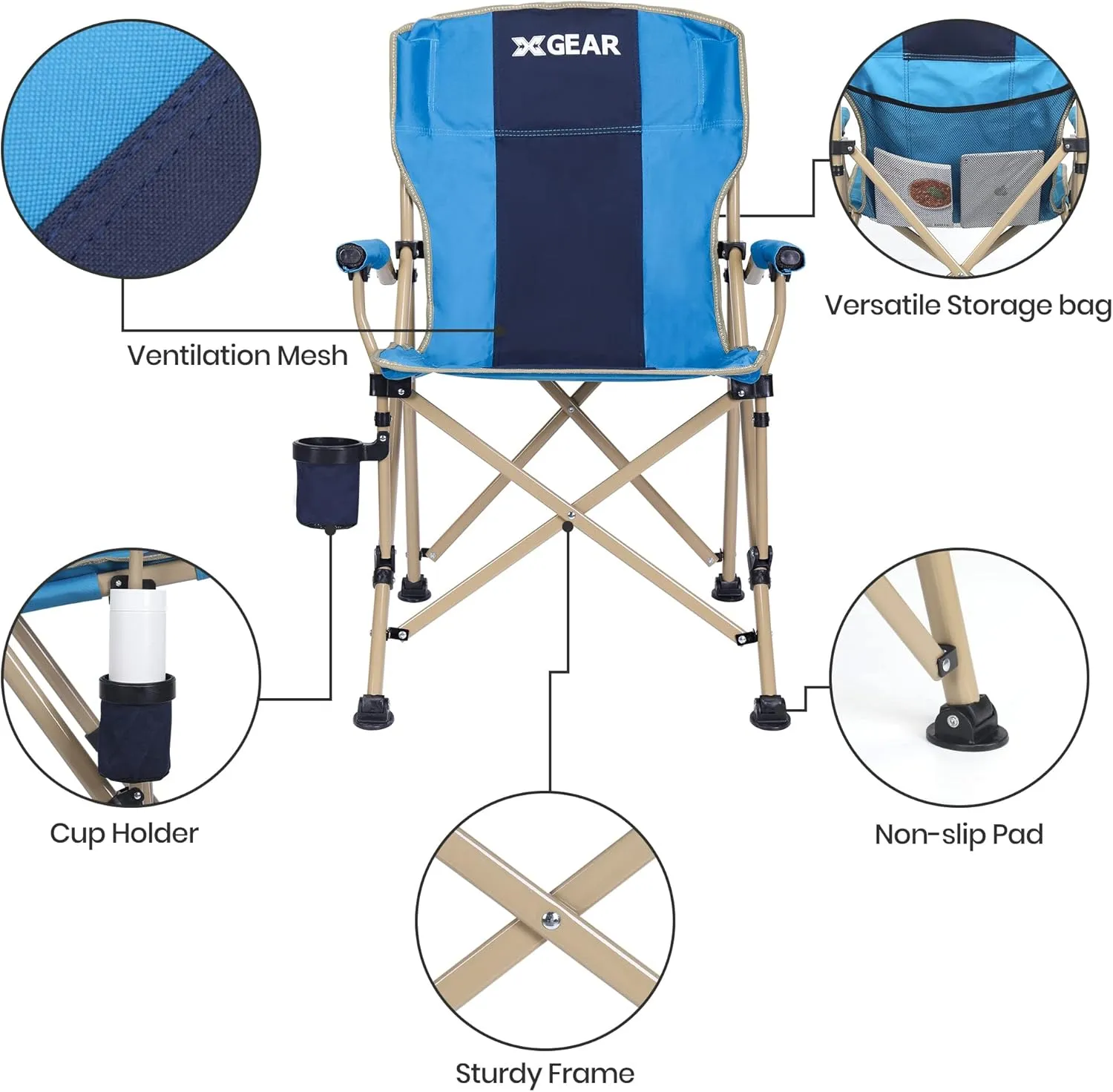 XGEAR Camping Chair Hard Arm High Back Lawn Chair Heavy Duty with Cup Holder, for Camp, Fishing, Hiking, Outdoor, Carry Bag Included