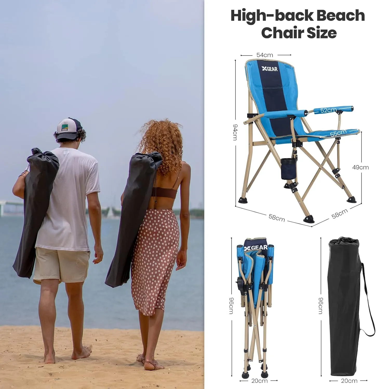 XGEAR Camping Chair Hard Arm High Back Lawn Chair Heavy Duty with Cup Holder, for Camp, Fishing, Hiking, Outdoor, Carry Bag Included