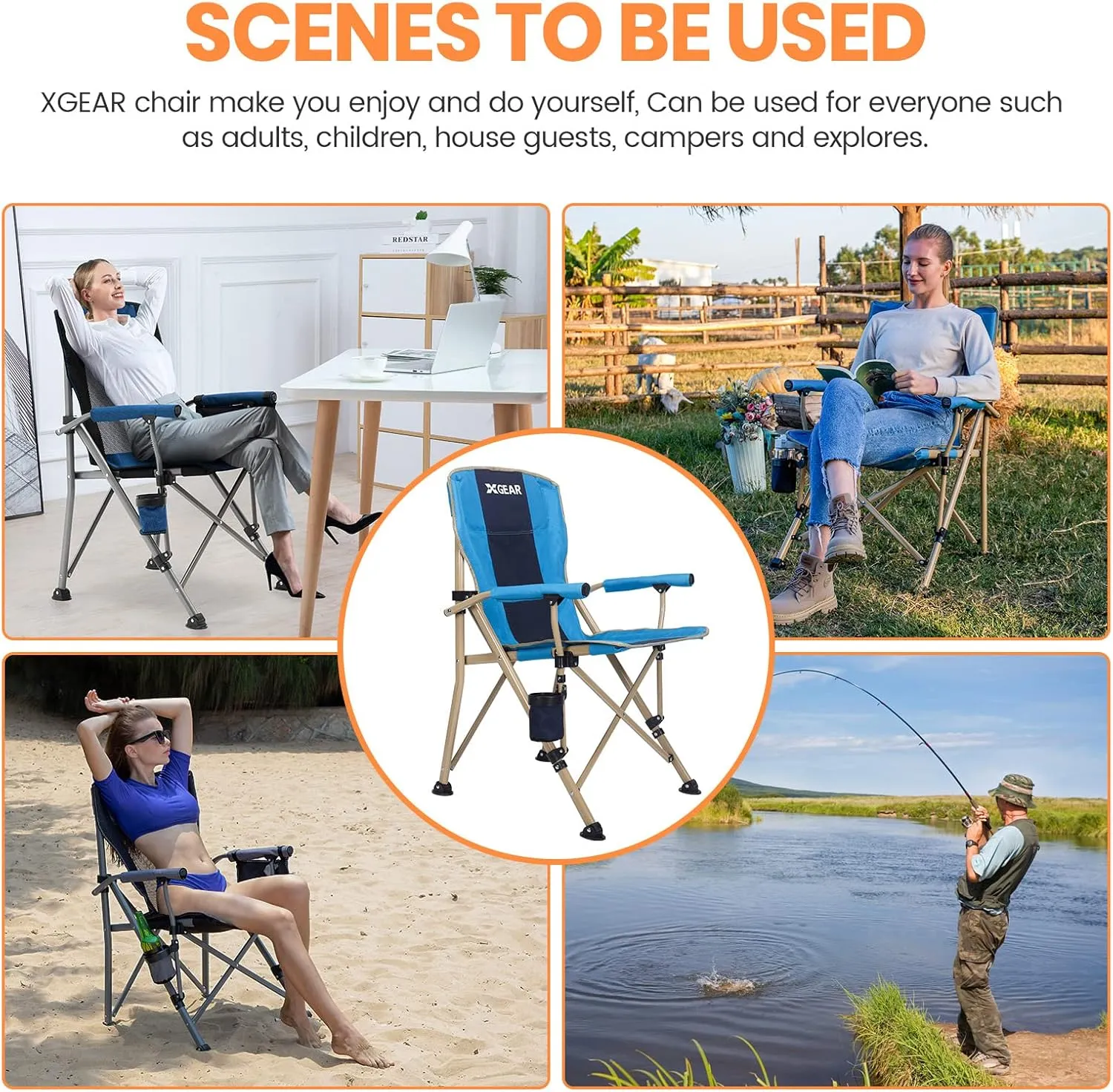 XGEAR Camping Chair Hard Arm High Back Lawn Chair Heavy Duty with Cup Holder, for Camp, Fishing, Hiking, Outdoor, Carry Bag Included
