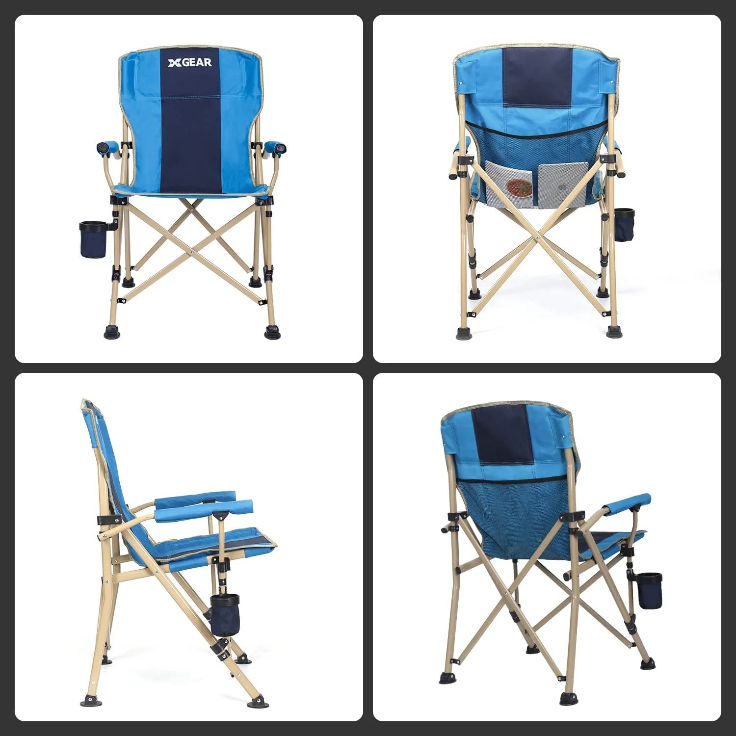 XGEAR Camping Chair Hard Arm High Back Lawn Chair Heavy Duty with Cup Holder, for Camp, Fishing, Hiking, Outdoor, Carry Bag Included