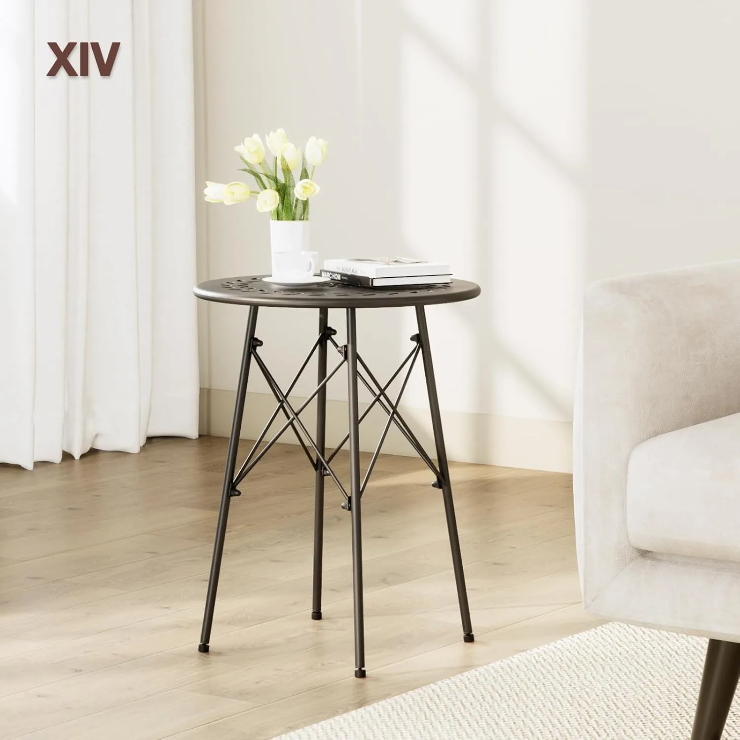XIV Outdoor Side Table, Small Outdoor Table, Round Patio Side Table Metal, Weatherproof, Small Accent End Table for Patio, Garden, Balcony, Yard (Black)