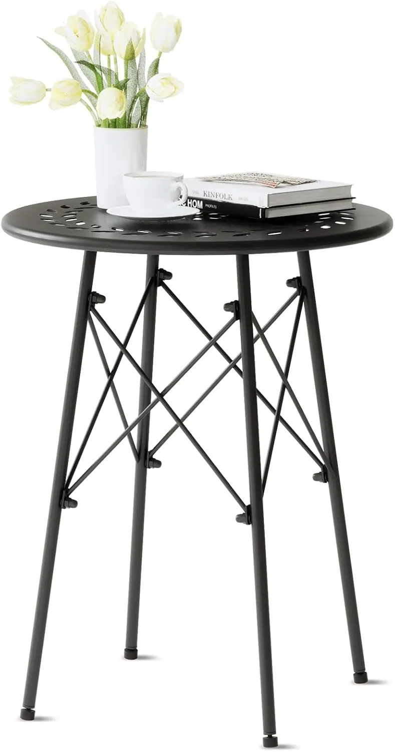 XIV Outdoor Side Table, Small Outdoor Table, Round Patio Side Table Metal, Weatherproof, Small Accent End Table for Patio, Garden, Balcony, Yard (Black)
