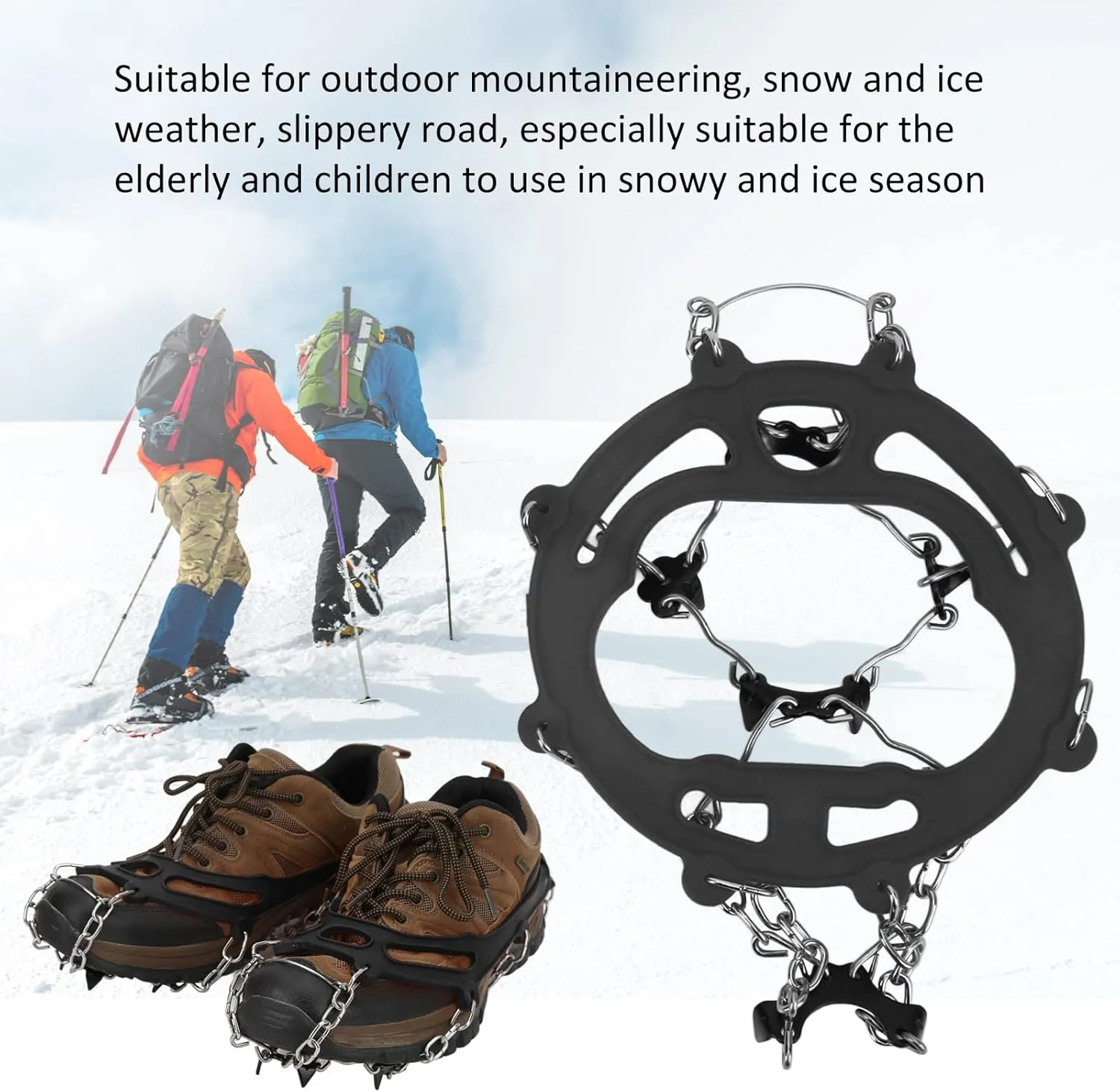 XPSSJMU 2Pcs Ice Cleats, Ice Traction Cleats Anti Skid Shoe Crampon Cover Climbing Spikes Grippers with 8 Spikes for Hiking Walking Mountaineering