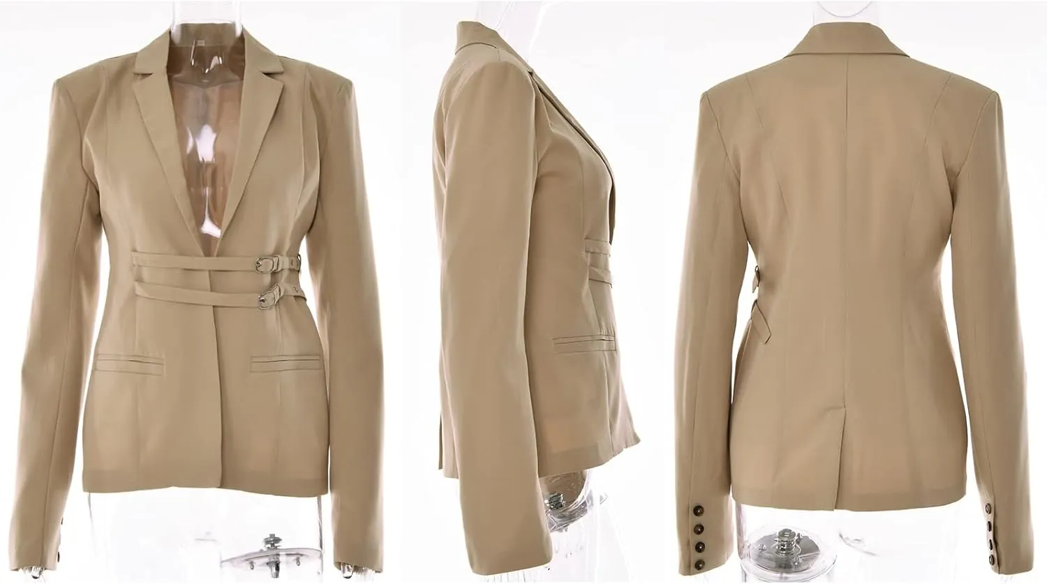 xxxiticat Women's Buckle Belt Blazer Coat Long Sleeve Lapel Collar Low Cut Padded Shoulder Front Open Cardigan Jacket