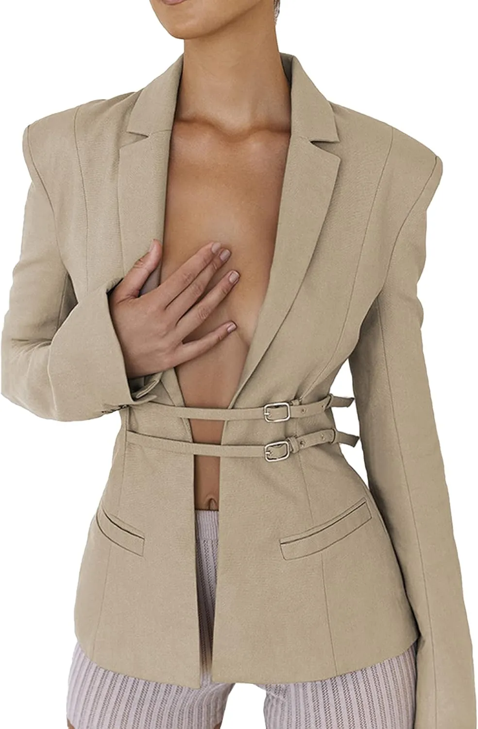 xxxiticat Women's Buckle Belt Blazer Coat Long Sleeve Lapel Collar Low Cut Padded Shoulder Front Open Cardigan Jacket