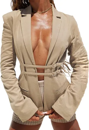 xxxiticat Women's Buckle Belt Blazer Coat Long Sleeve Lapel Collar Low Cut Padded Shoulder Front Open Cardigan Jacket