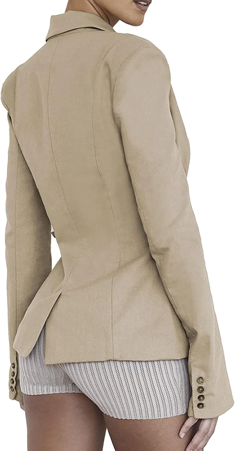 xxxiticat Women's Buckle Belt Blazer Coat Long Sleeve Lapel Collar Low Cut Padded Shoulder Front Open Cardigan Jacket
