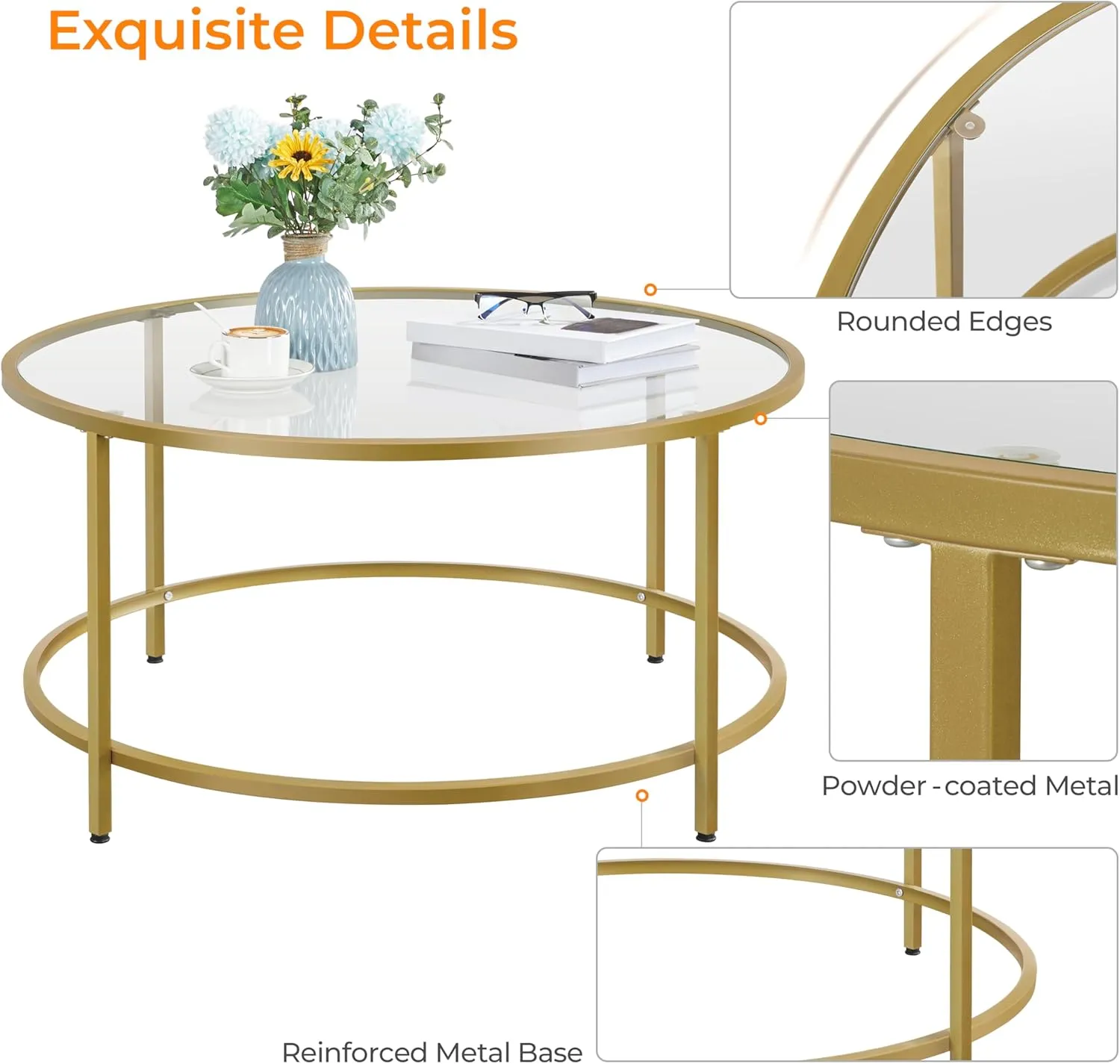 Yaheetech Gold Glass Coffee Table for Living Room, 36" Round Glass Coffee Table with Metal Frame, Circle Coffee Table for Home, Office, Apartment