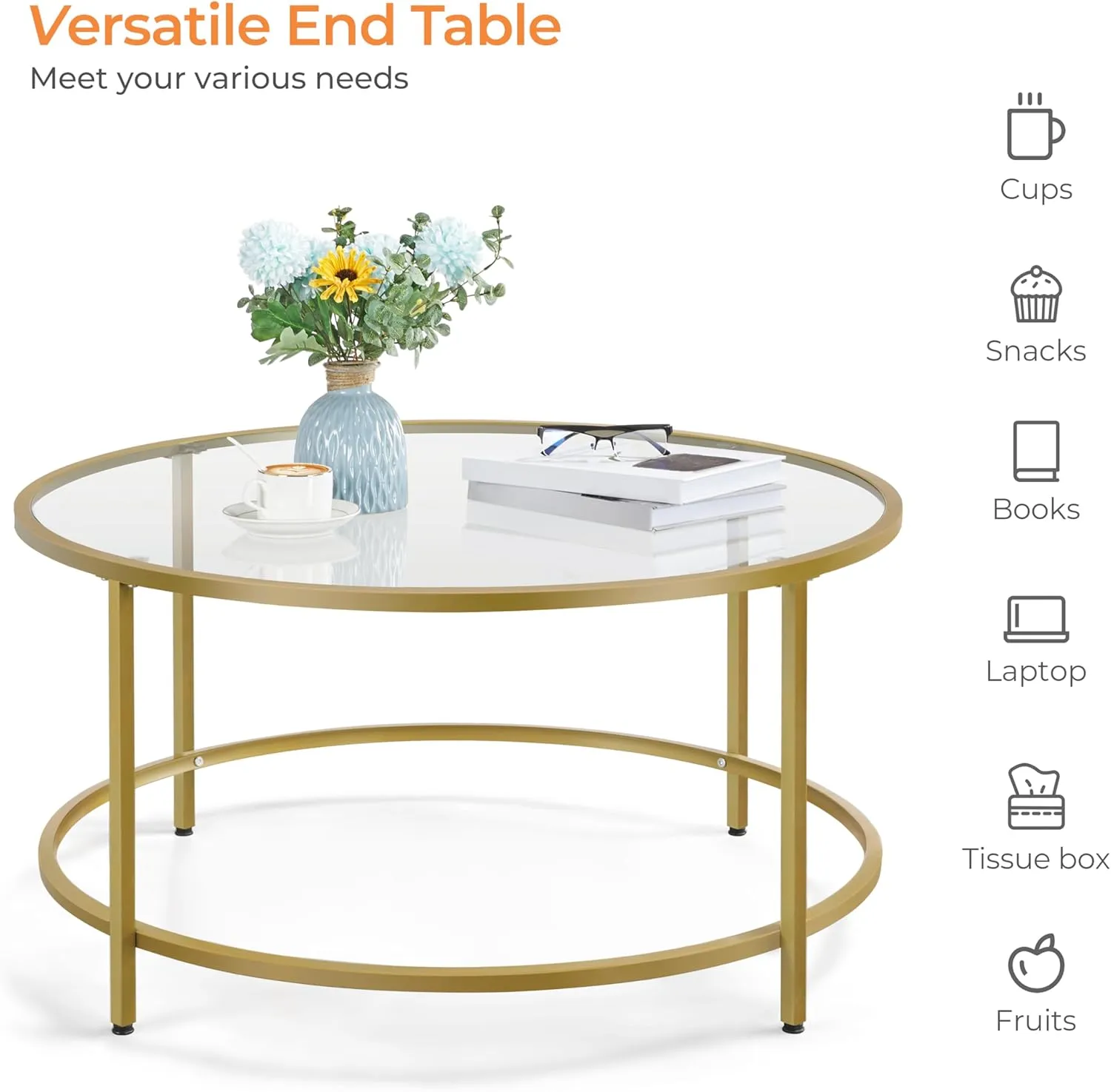 Yaheetech Gold Glass Coffee Table for Living Room, 36" Round Glass Coffee Table with Metal Frame, Circle Coffee Table for Home, Office, Apartment