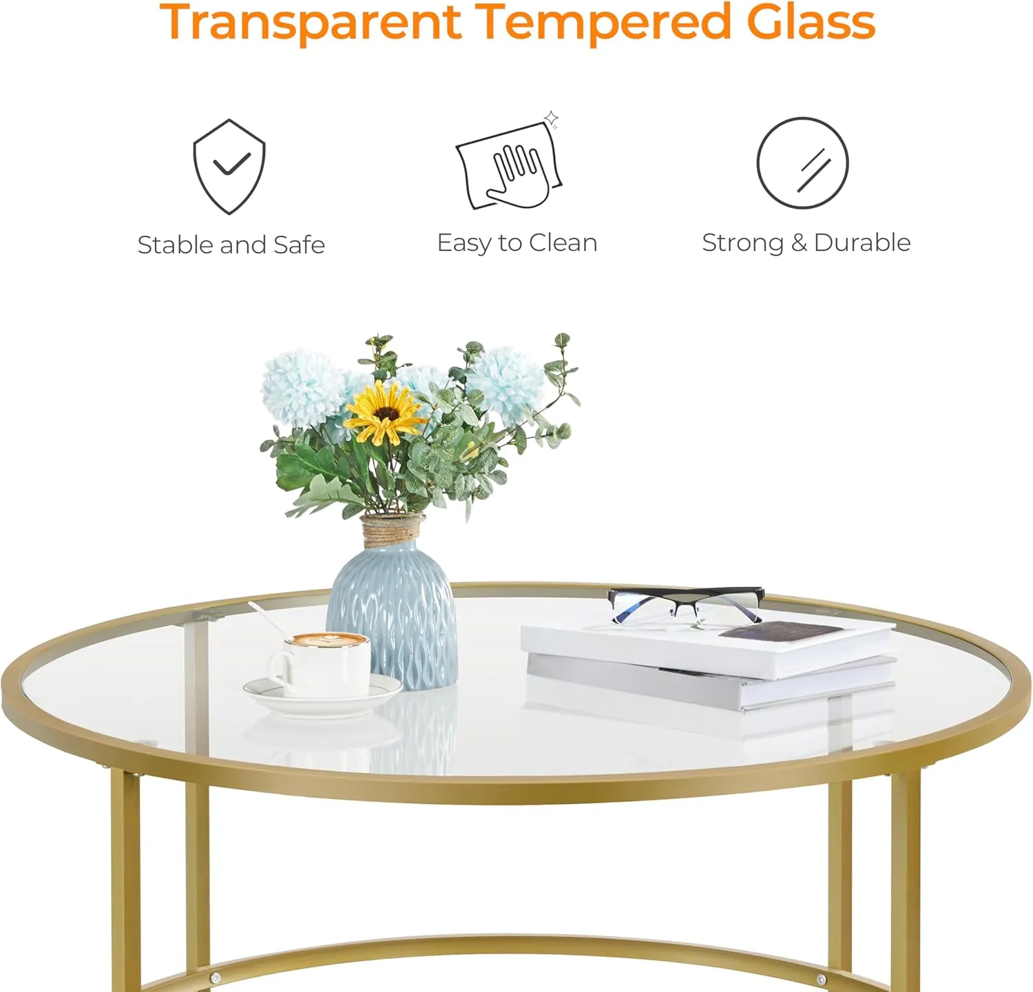 Yaheetech Gold Glass Coffee Table for Living Room, 36" Round Glass Coffee Table with Metal Frame, Circle Coffee Table for Home, Office, Apartment