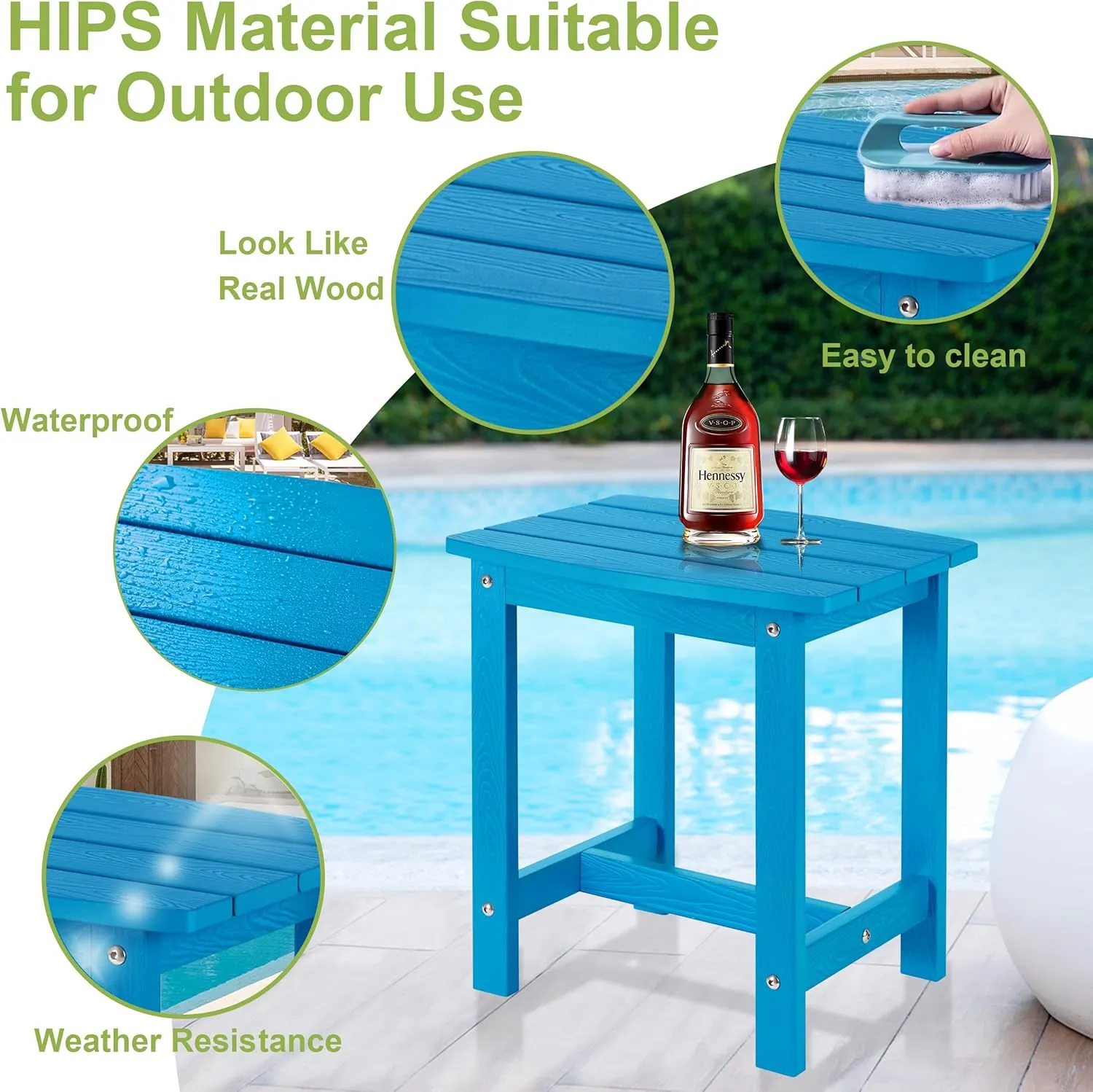 Y&M Outdoor Side Table, HIPS Adirondack Small Single Table, Waterproof Square Outside Table, Balcony Modern End Tables for Patio, Pool, Beach, Porch, Deck, Indoor or Outdoor Use, Bright Blue