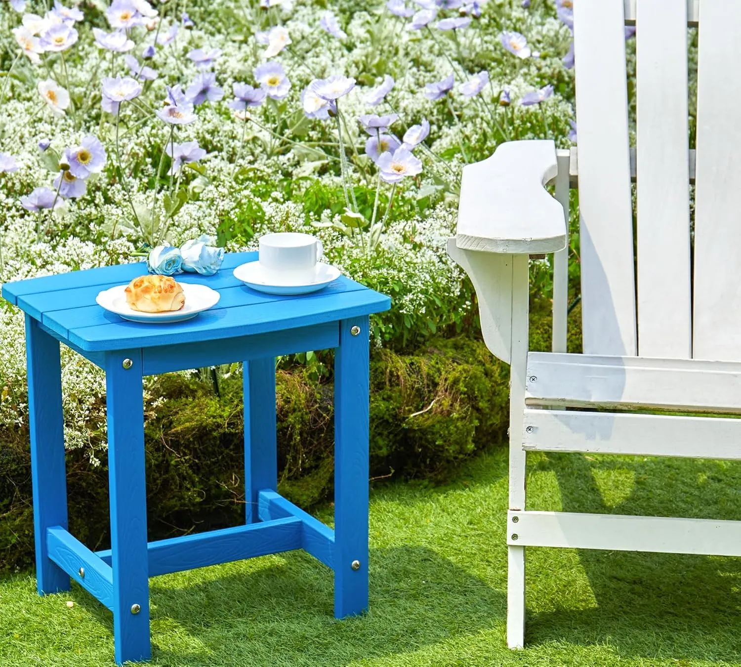 Y&M Outdoor Side Table, HIPS Adirondack Small Single Table, Waterproof Square Outside Table, Balcony Modern End Tables for Patio, Pool, Beach, Porch, Deck, Indoor or Outdoor Use, Bright Blue