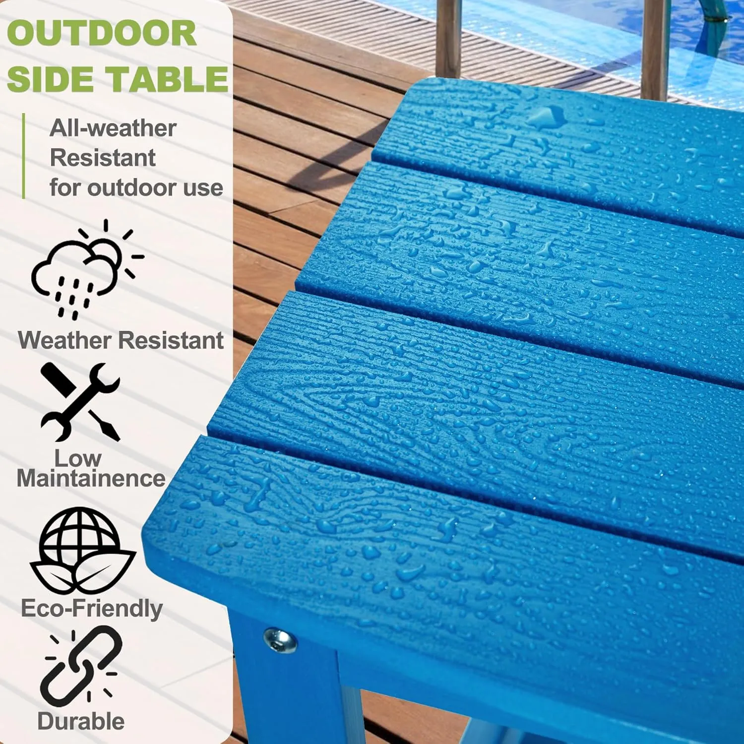Y&M Outdoor Side Table, HIPS Adirondack Small Single Table, Waterproof Square Outside Table, Balcony Modern End Tables for Patio, Pool, Beach, Porch, Deck, Indoor or Outdoor Use, Bright Blue