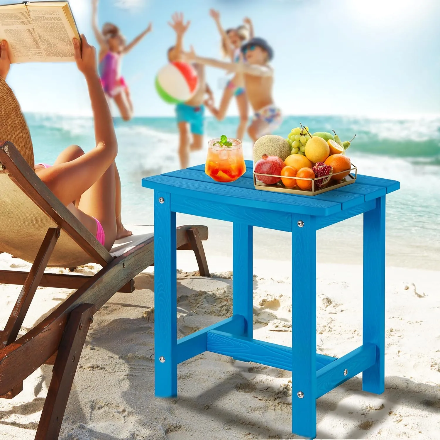Y&M Outdoor Side Table, HIPS Adirondack Small Single Table, Waterproof Square Outside Table, Balcony Modern End Tables for Patio, Pool, Beach, Porch, Deck, Indoor or Outdoor Use, Bright Blue