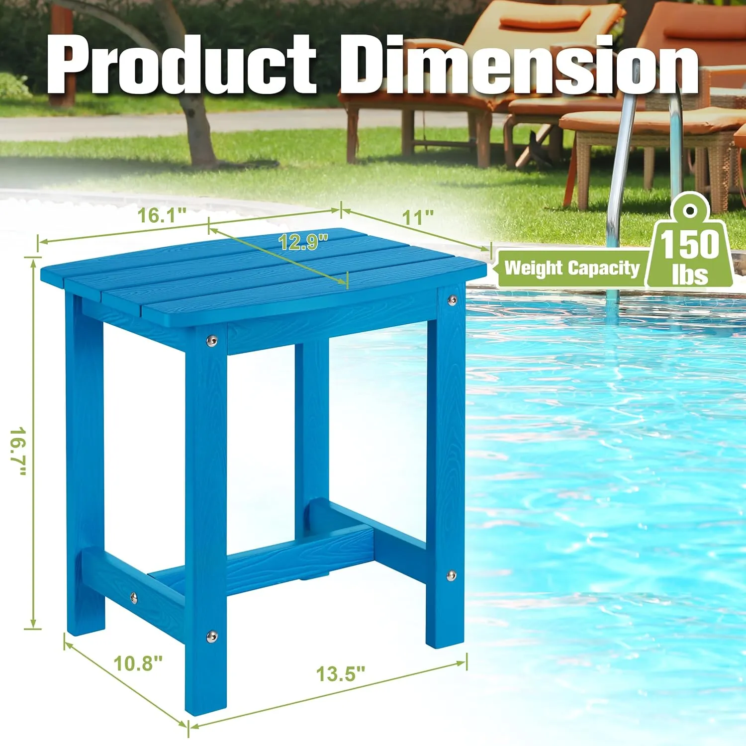 Y&M Outdoor Side Table, HIPS Adirondack Small Single Table, Waterproof Square Outside Table, Balcony Modern End Tables for Patio, Pool, Beach, Porch, Deck, Indoor or Outdoor Use, Bright Blue