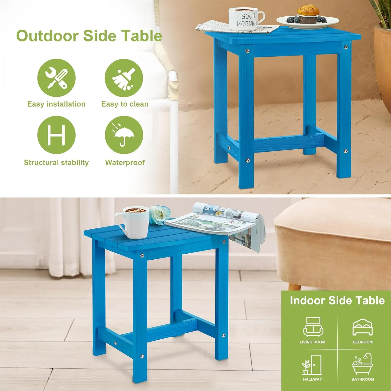 Y&M Outdoor Side Table, HIPS Adirondack Small Single Table, Waterproof Square Outside Table, Balcony Modern End Tables for Patio, Pool, Beach, Porch, Deck, Indoor or Outdoor Use, Bright Blue