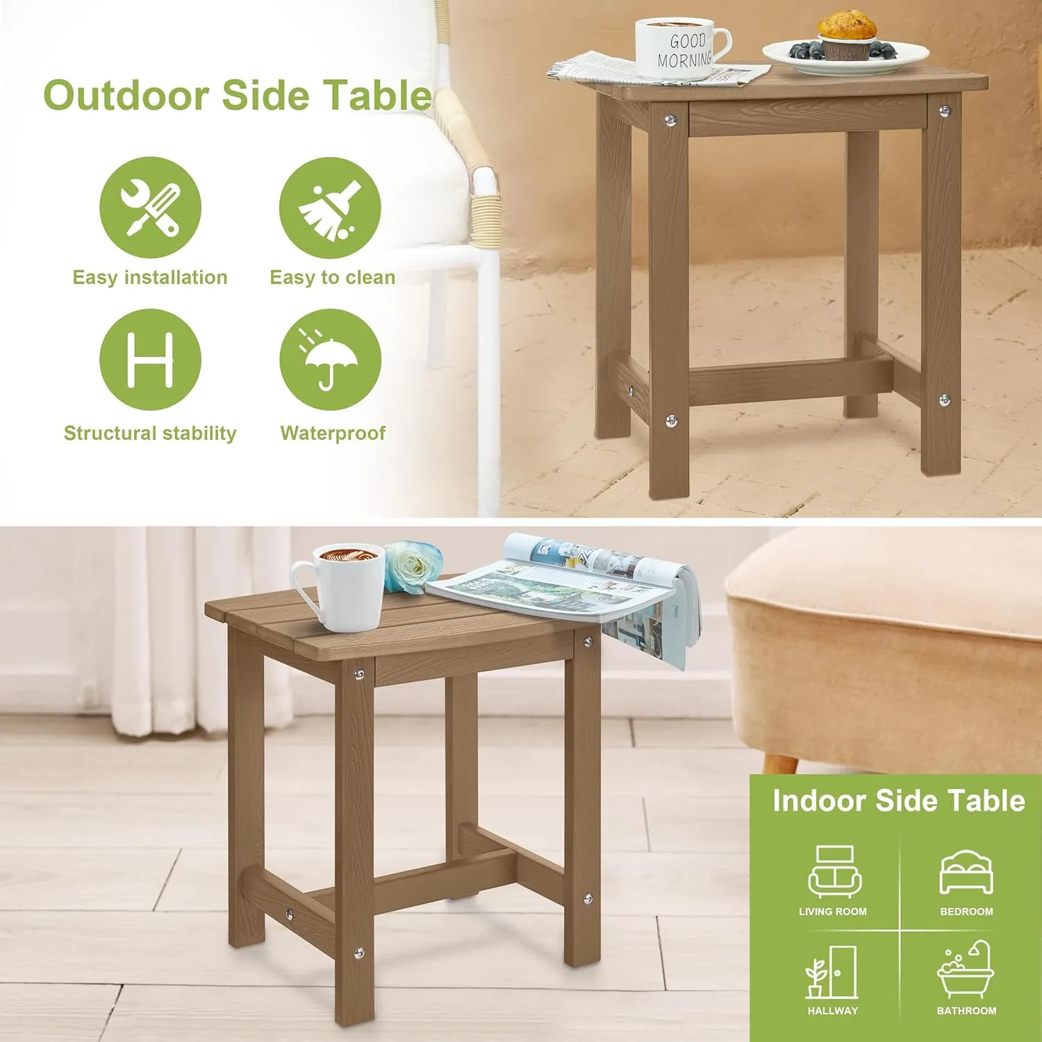 Y&M Outdoor Side Table, HIPS Adirondack Small Single Table, Waterproof Square Outside Table, Balcony Modern End Tables for Patio, Pool, Beach, Porch, Deck, Indoor or Outdoor Use, Brown