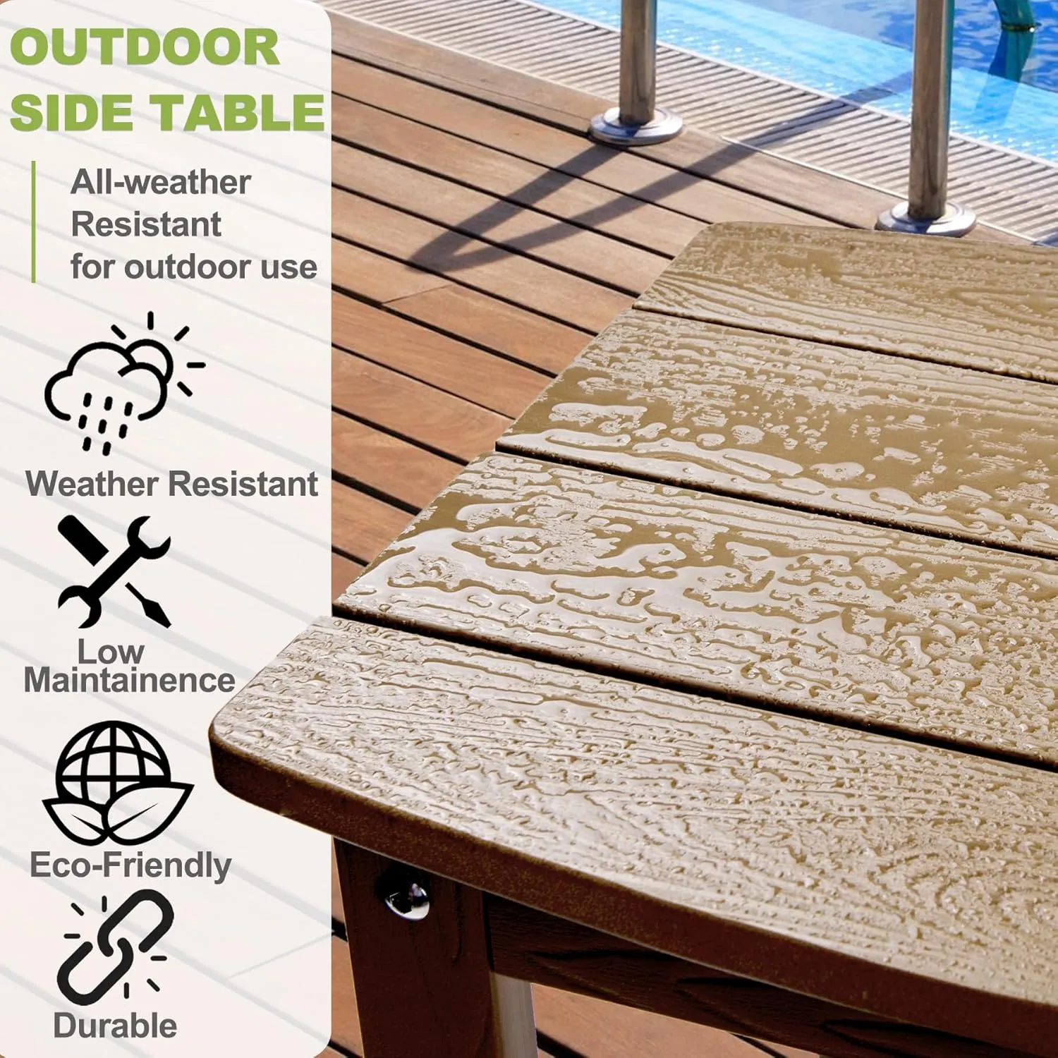 Y&M Outdoor Side Table, HIPS Adirondack Small Single Table, Waterproof Square Outside Table, Balcony Modern End Tables for Patio, Pool, Beach, Porch, Deck, Indoor or Outdoor Use, Brown