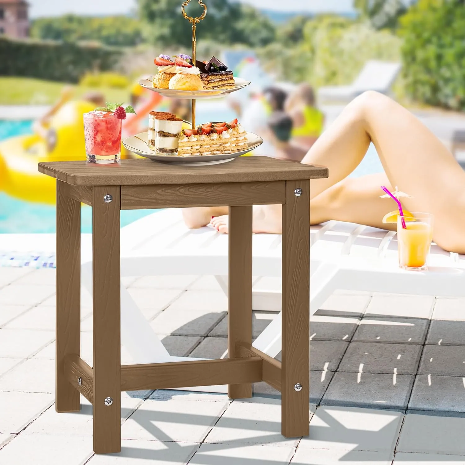 Y&M Outdoor Side Table, HIPS Adirondack Small Single Table, Waterproof Square Outside Table, Balcony Modern End Tables for Patio, Pool, Beach, Porch, Deck, Indoor or Outdoor Use, Brown