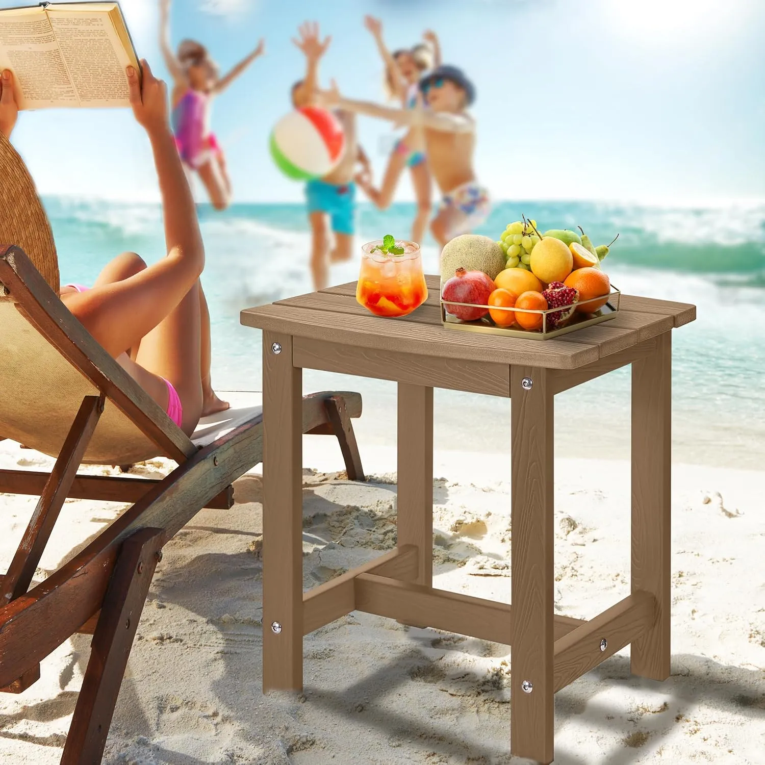 Y&M Outdoor Side Table, HIPS Adirondack Small Single Table, Waterproof Square Outside Table, Balcony Modern End Tables for Patio, Pool, Beach, Porch, Deck, Indoor or Outdoor Use, Brown