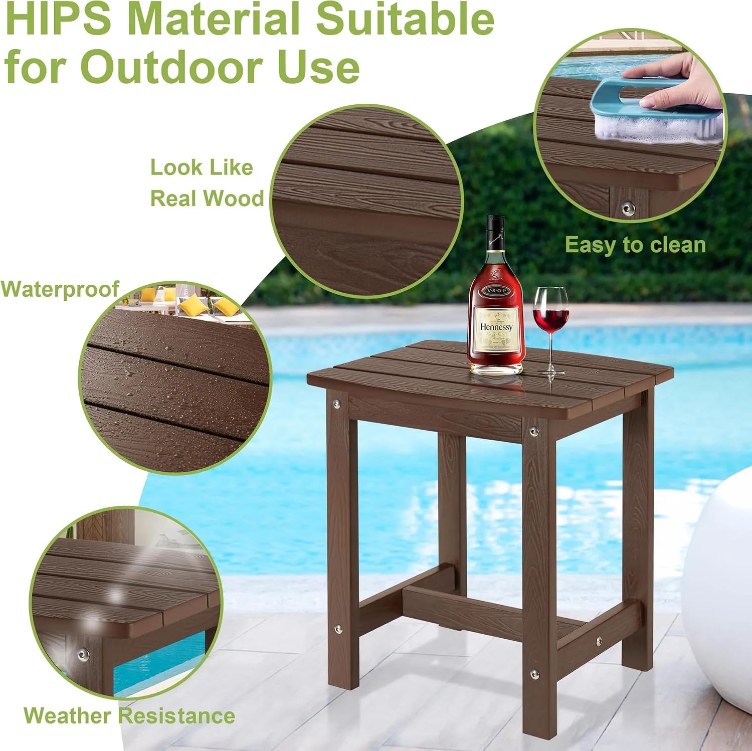 Y&M Outdoor Side Table, HIPS Adirondack Small Single Table, Waterproof Square Outside Table, Balcony Modern End Tables for Patio, Pool, Beach, Porch, Deck, Indoor or Outdoor Use, Coffee