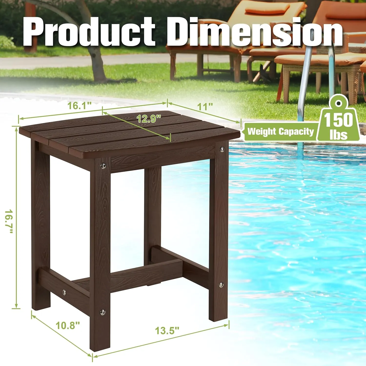 Y&M Outdoor Side Table, HIPS Adirondack Small Single Table, Waterproof Square Outside Table, Balcony Modern End Tables for Patio, Pool, Beach, Porch, Deck, Indoor or Outdoor Use, Coffee
