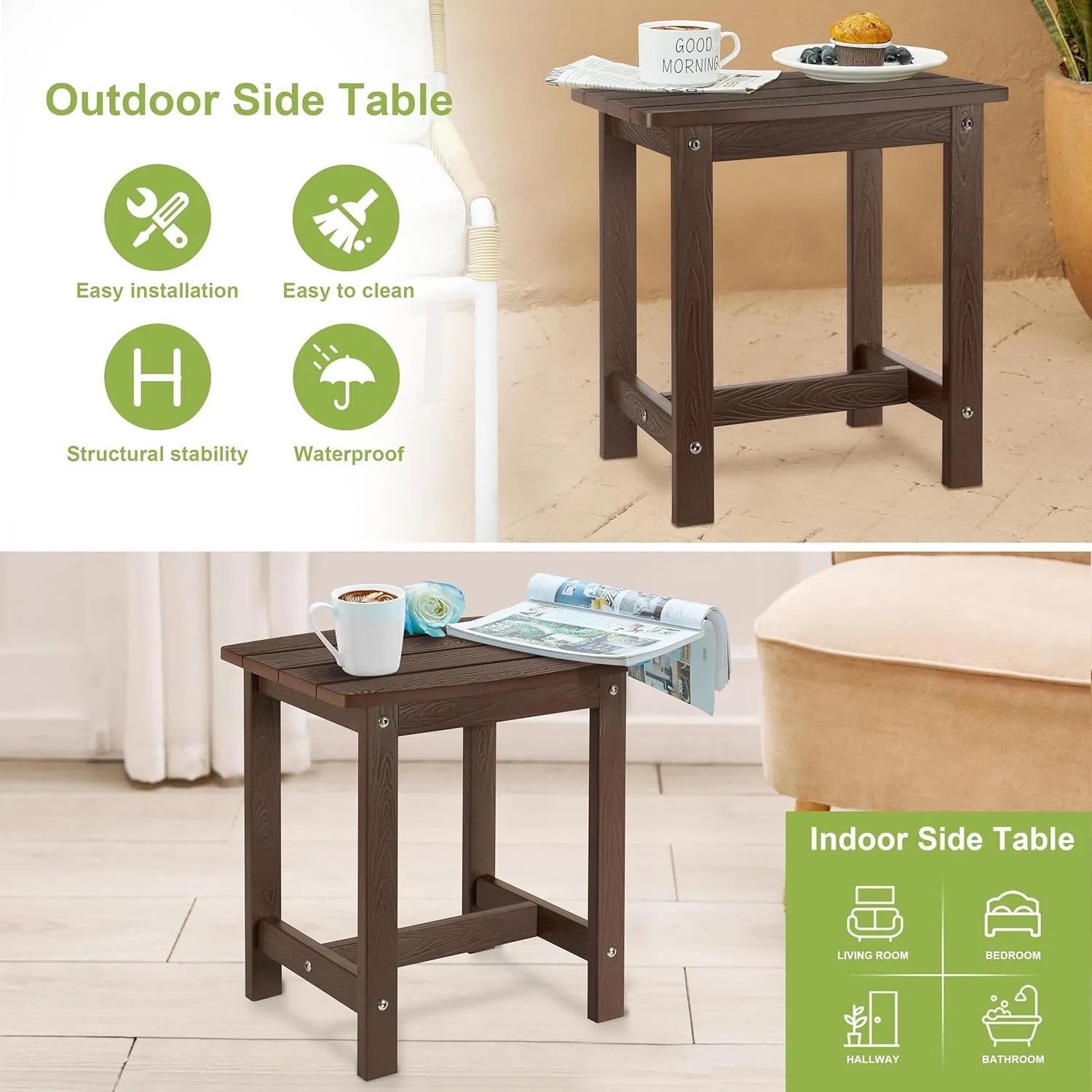 Y&M Outdoor Side Table, HIPS Adirondack Small Single Table, Waterproof Square Outside Table, Balcony Modern End Tables for Patio, Pool, Beach, Porch, Deck, Indoor or Outdoor Use, Coffee