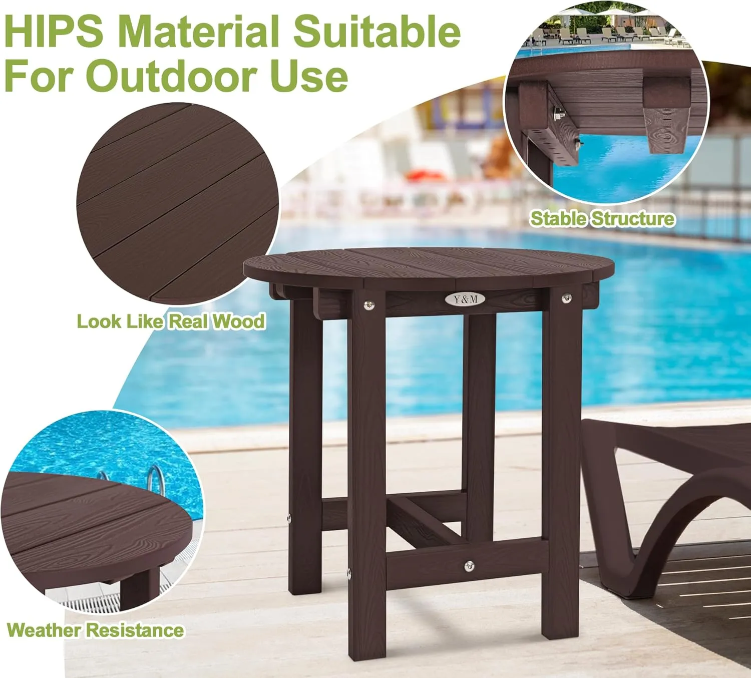 Y&M Outdoor Side Table, Waterproof Four-Legged Round Entryway End Table, Single-Tier HDPE Modern Small Coffee Nightstand for Bedroom, Living Room, Patio, Indoor or Outdoor Use, Espresso