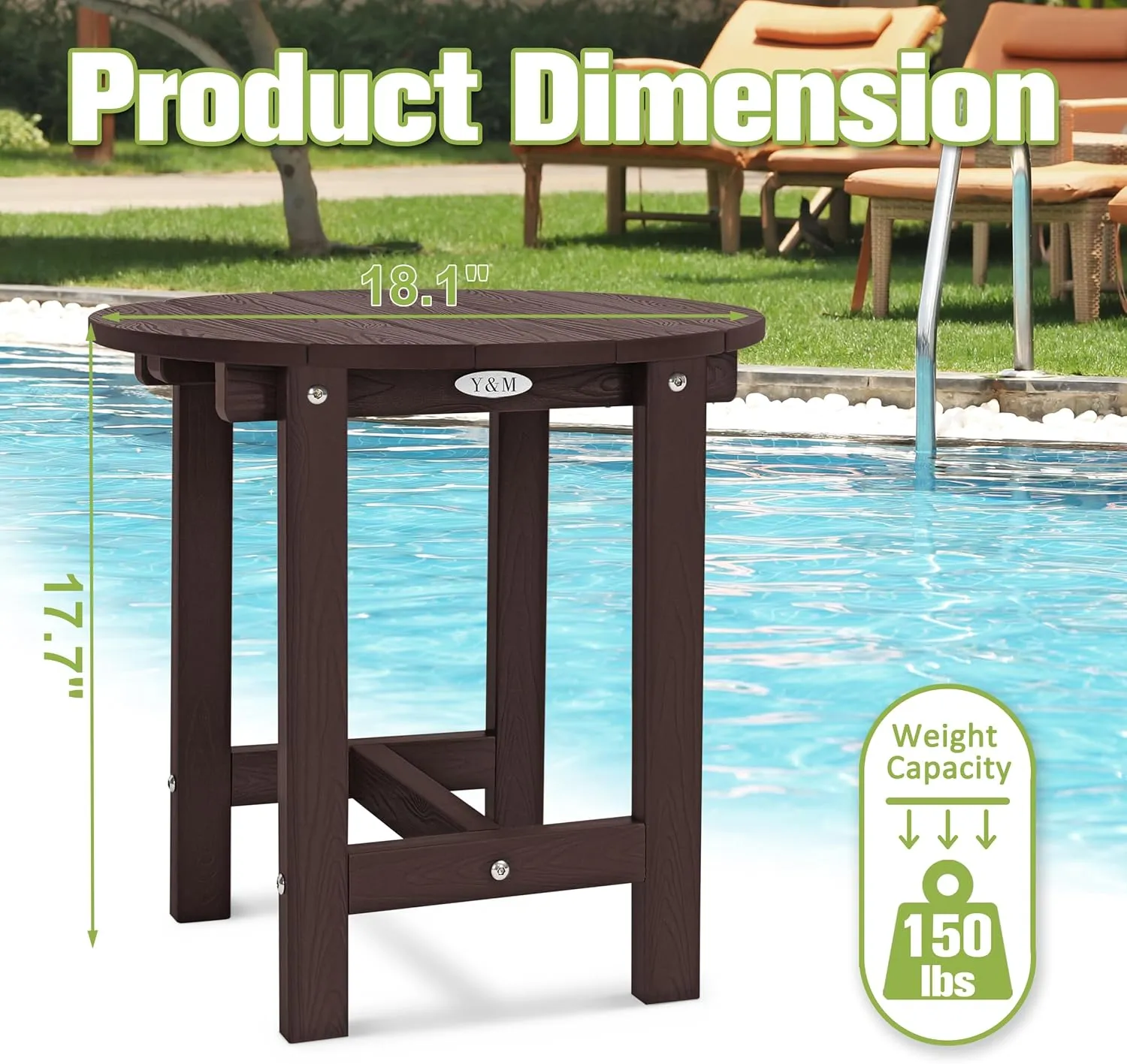 Y&M Outdoor Side Table, Waterproof Four-Legged Round Entryway End Table, Single-Tier HDPE Modern Small Coffee Nightstand for Bedroom, Living Room, Patio, Indoor or Outdoor Use, Espresso