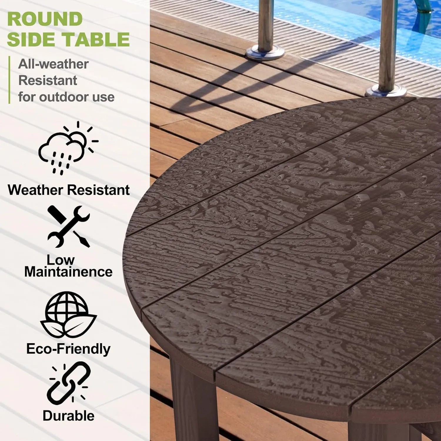 Y&M Outdoor Side Table, Waterproof Four-Legged Round Entryway End Table, Single-Tier HDPE Modern Small Coffee Nightstand for Bedroom, Living Room, Patio, Indoor or Outdoor Use, Espresso