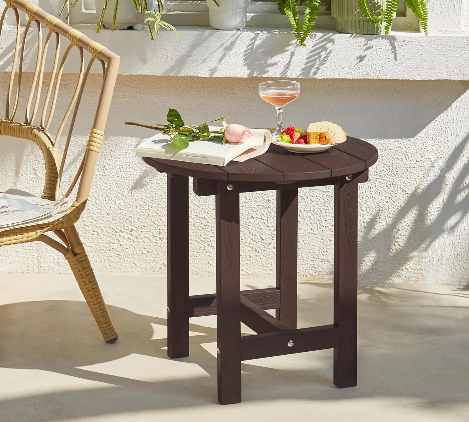 Y&M Outdoor Side Table, Waterproof Four-Legged Round Entryway End Table, Single-Tier HDPE Modern Small Coffee Nightstand for Bedroom, Living Room, Patio, Indoor or Outdoor Use, Espresso