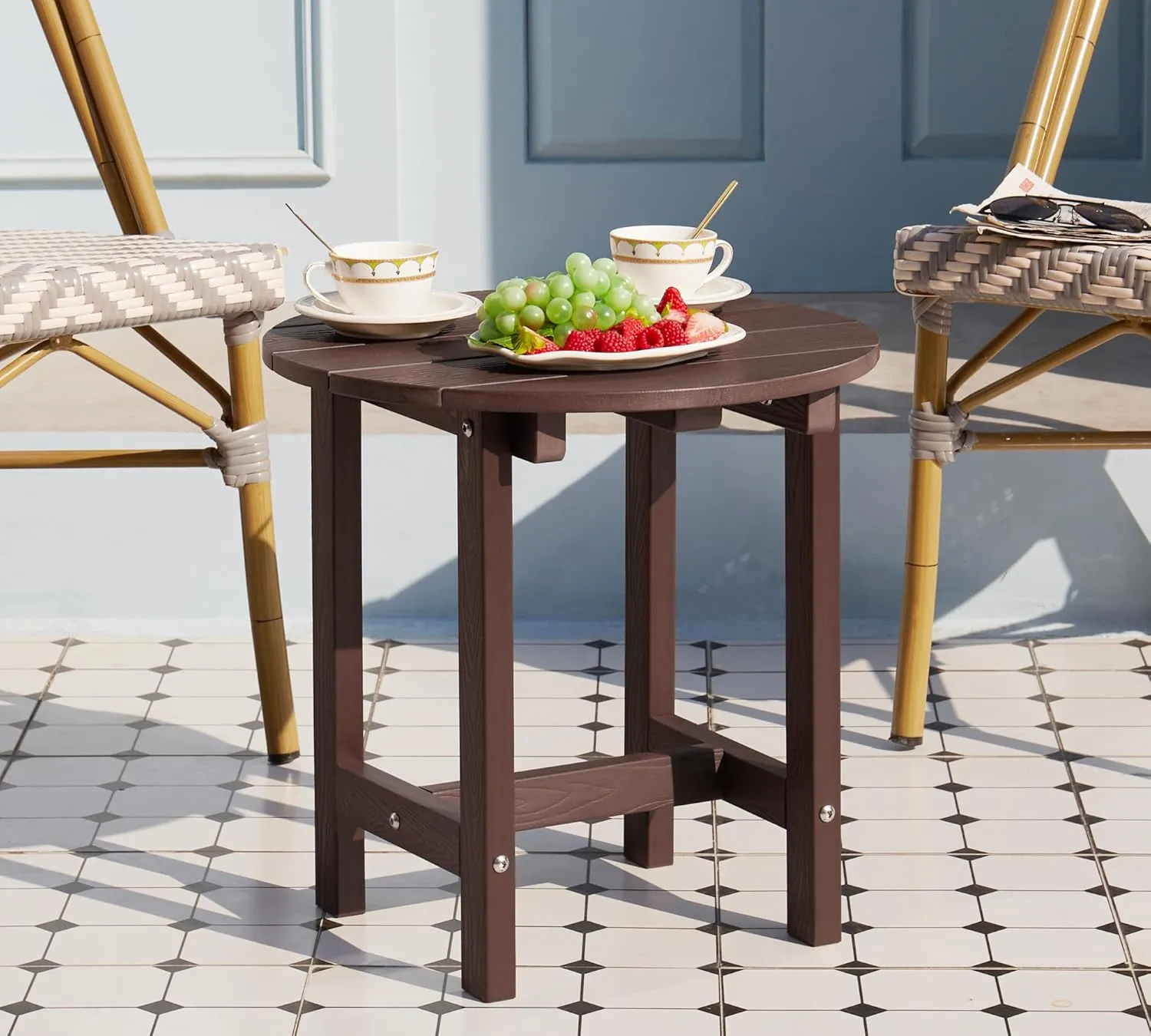 Y&M Outdoor Side Table, Waterproof Four-Legged Round Entryway End Table, Single-Tier HDPE Modern Small Coffee Nightstand for Bedroom, Living Room, Patio, Indoor or Outdoor Use, Espresso