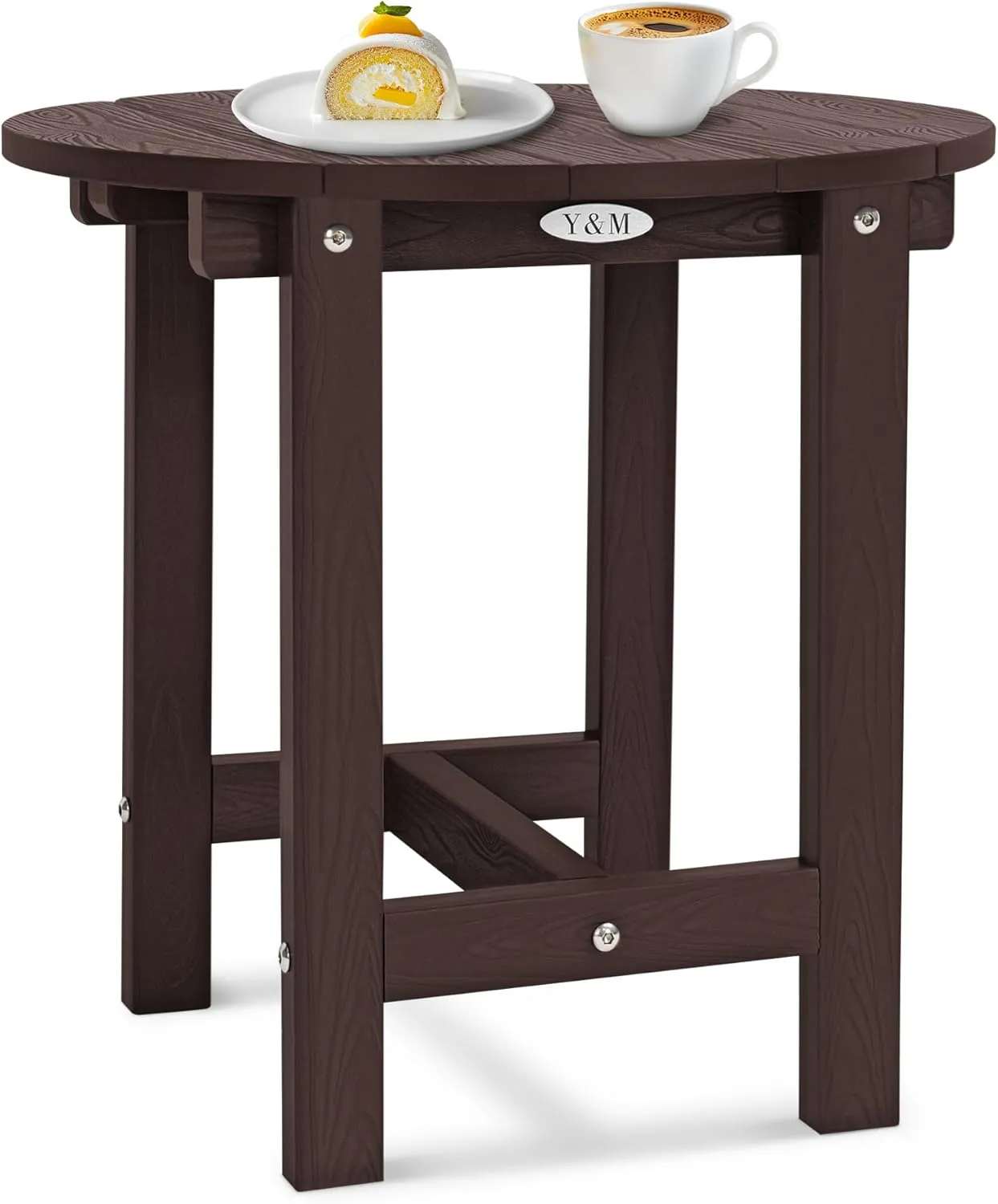 Y&M Outdoor Side Table, Waterproof Four-Legged Round Entryway End Table, Single-Tier HDPE Modern Small Coffee Nightstand for Bedroom, Living Room, Patio, Indoor or Outdoor Use, Espresso