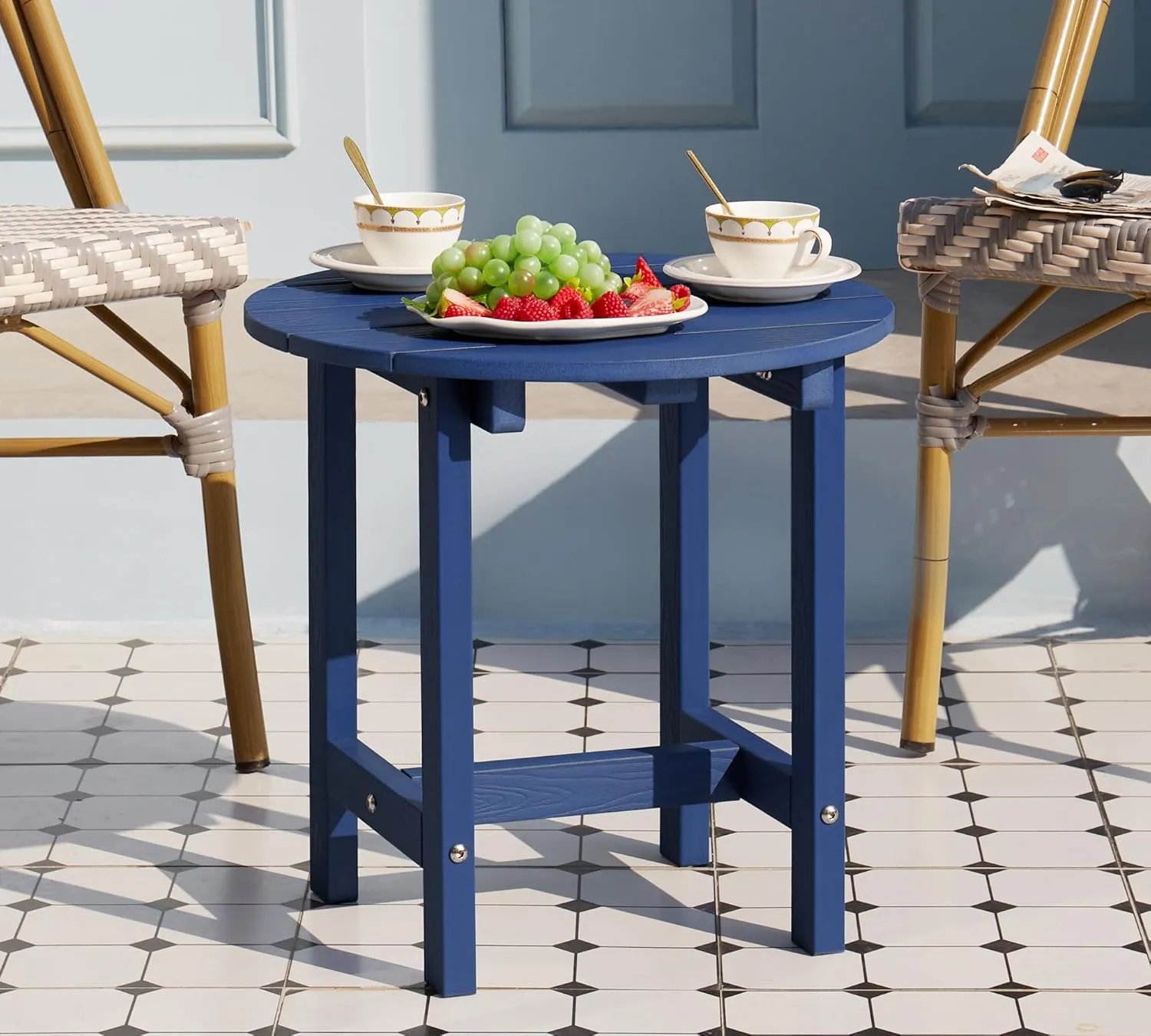 Y&M Outdoor Side Table, Waterproof Four-Legged Round Entryway End Table, Single-Tier HDPE Modern Small Coffee Nightstand for Bedroom, Living Room, Patio, Indoor or Outdoor Use, Navy Blue