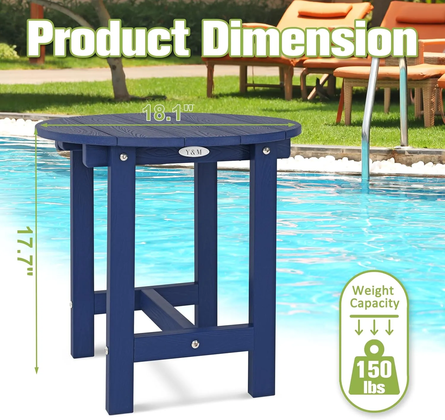 Y&M Outdoor Side Table, Waterproof Four-Legged Round Entryway End Table, Single-Tier HDPE Modern Small Coffee Nightstand for Bedroom, Living Room, Patio, Indoor or Outdoor Use, Navy Blue