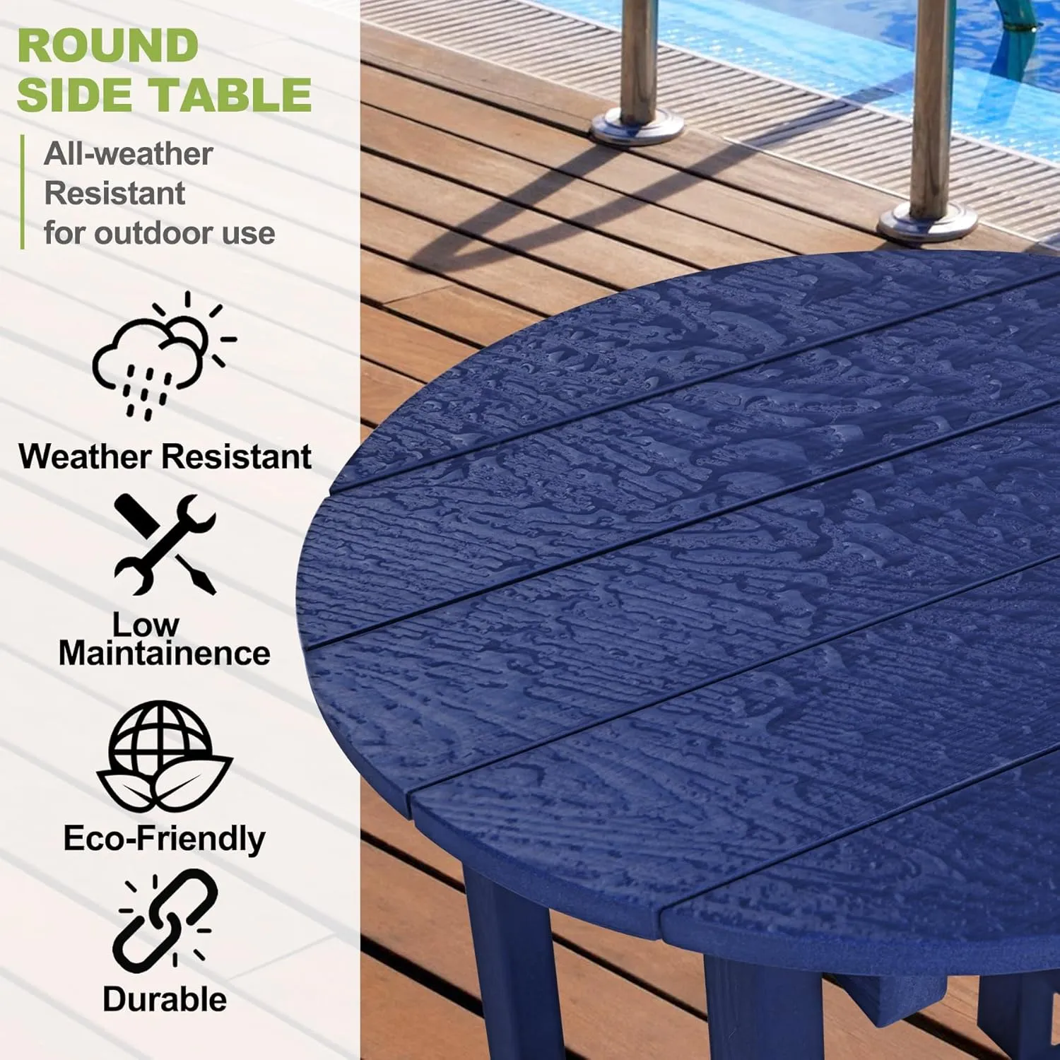 Y&M Outdoor Side Table, Waterproof Four-Legged Round Entryway End Table, Single-Tier HDPE Modern Small Coffee Nightstand for Bedroom, Living Room, Patio, Indoor or Outdoor Use, Navy Blue