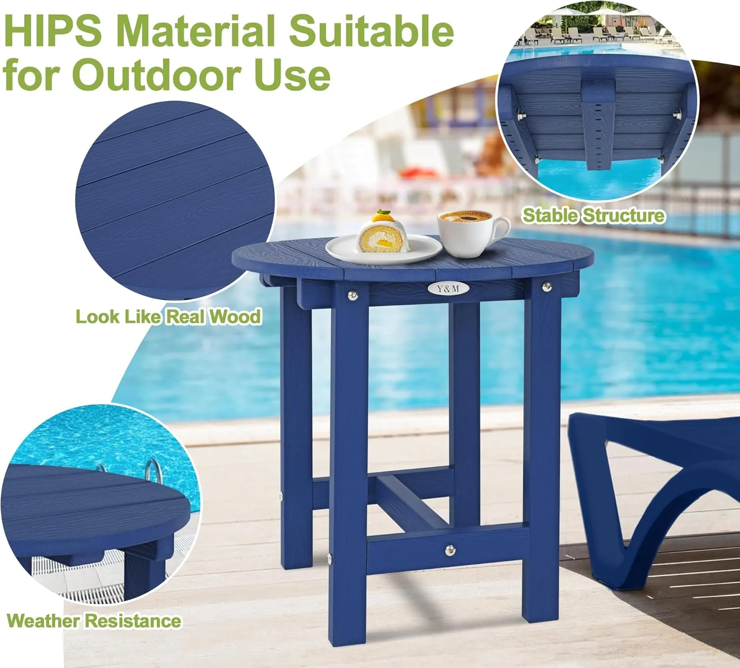 Y&M Outdoor Side Table, Waterproof Four-Legged Round Entryway End Table, Single-Tier HDPE Modern Small Coffee Nightstand for Bedroom, Living Room, Patio, Indoor or Outdoor Use, Navy Blue
